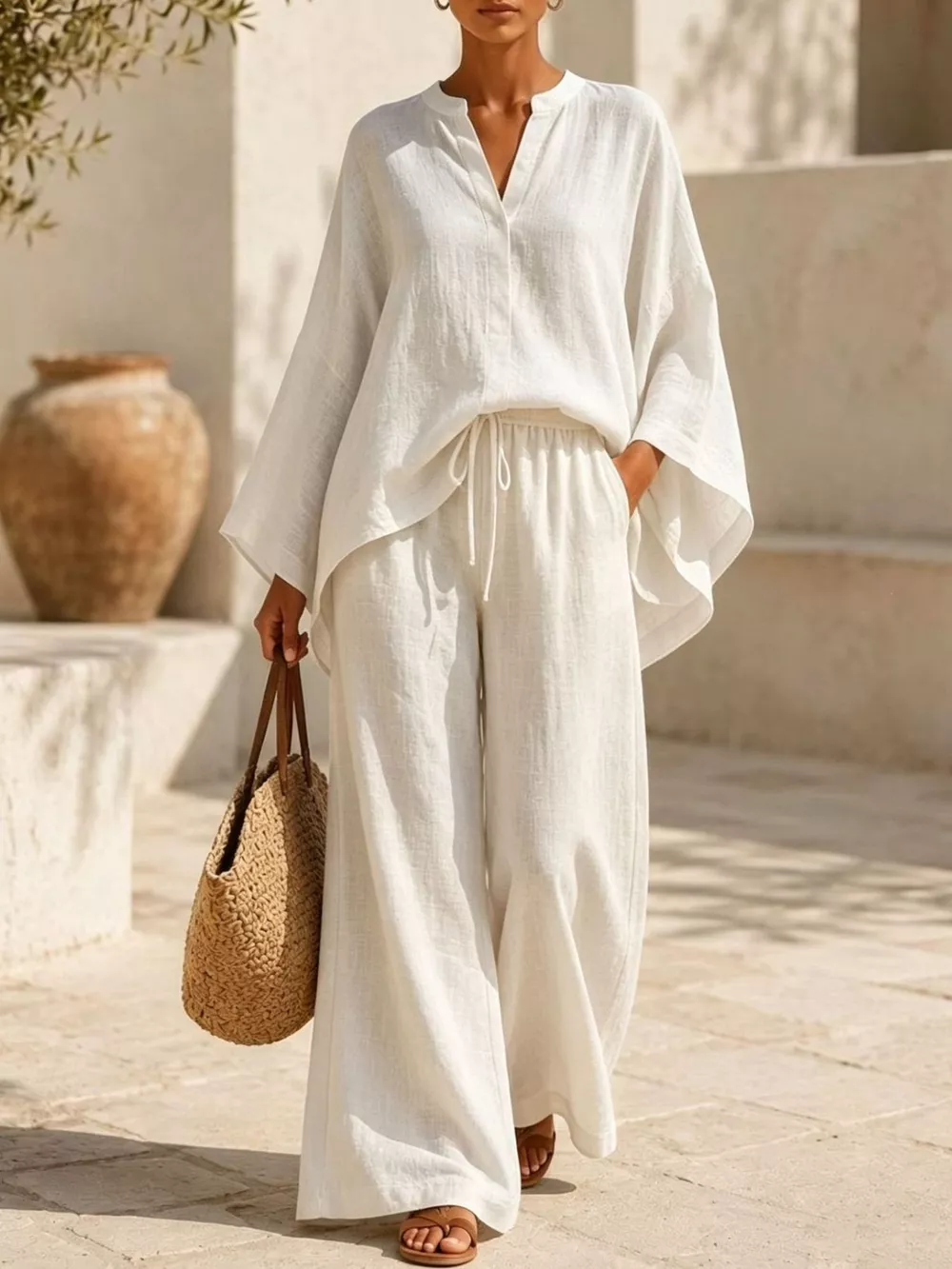 Full Size Notched Long Sleeve Top and Wide-Leg Pants Set Plus Size, image 3