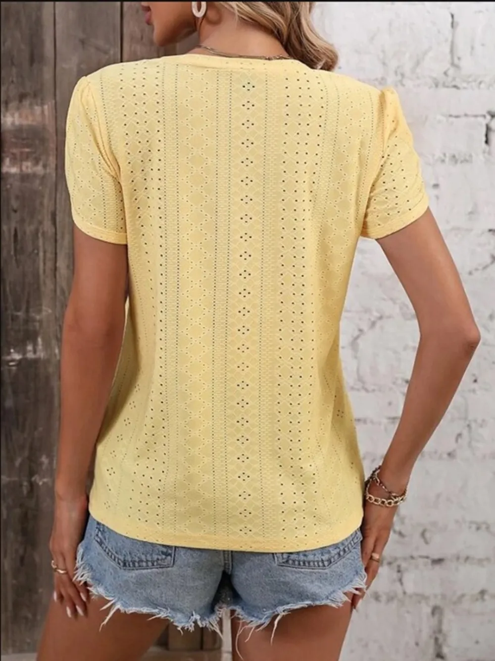Eyelet V-Neck Petal Sleeve T-Shirt, image 23
