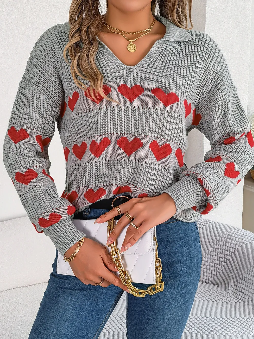 Heart Johnny Collar Long Sleeve Sweater, image 9