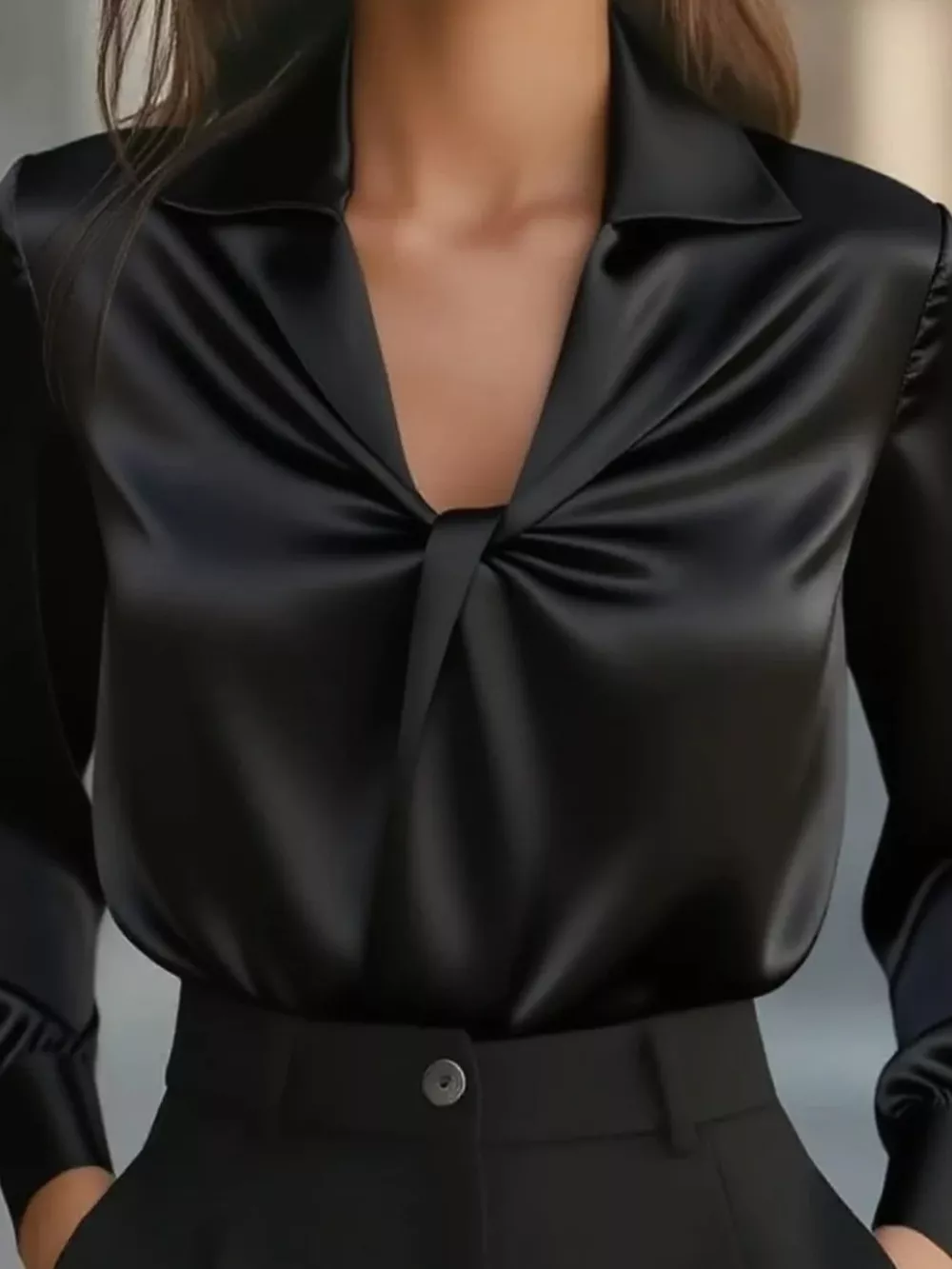 Ruched Collared Neck Long Sleeve Blouse, image 4