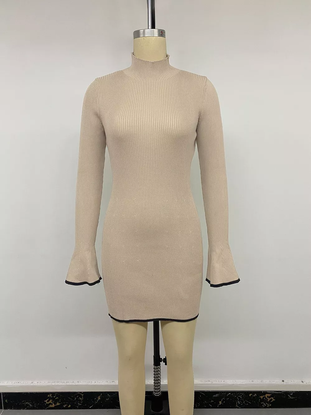 Ribbed Mock Neck Flare Sleeve Sweater Dress, image 11