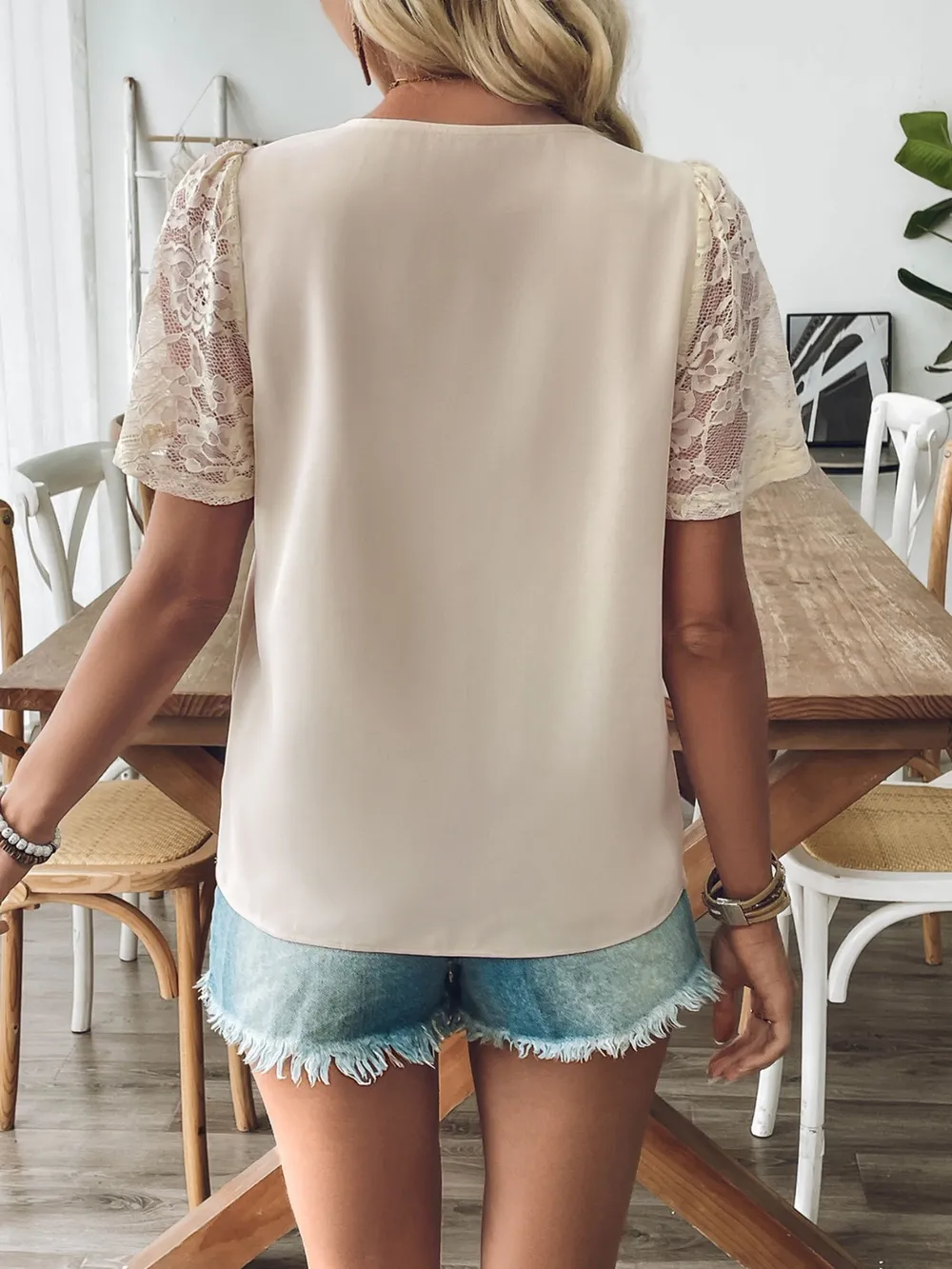 V-Neck Lace Short Sleeve T-Shirt, image 5