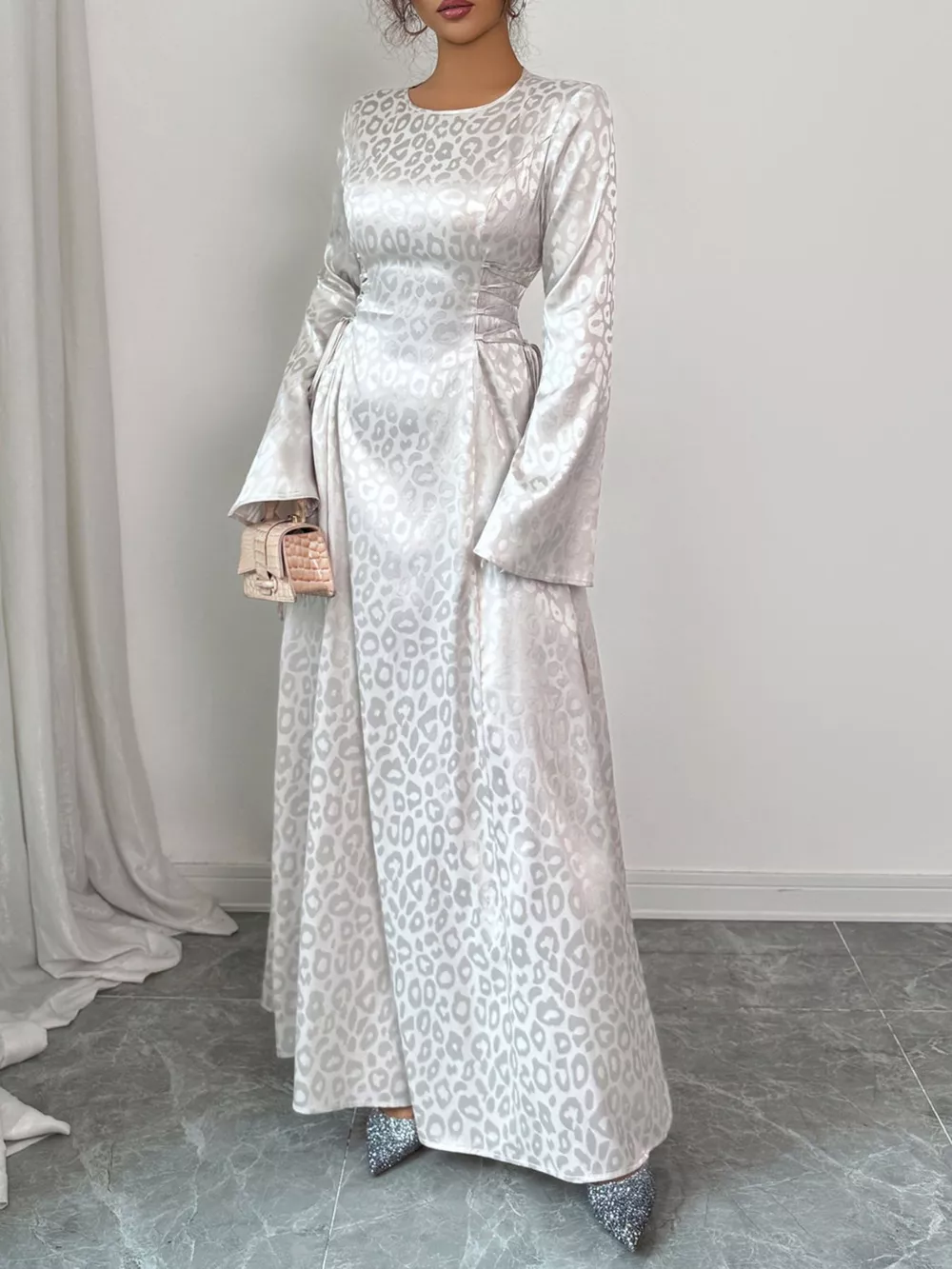 Leopard Lace Up Long Sleeve Maxi Dress