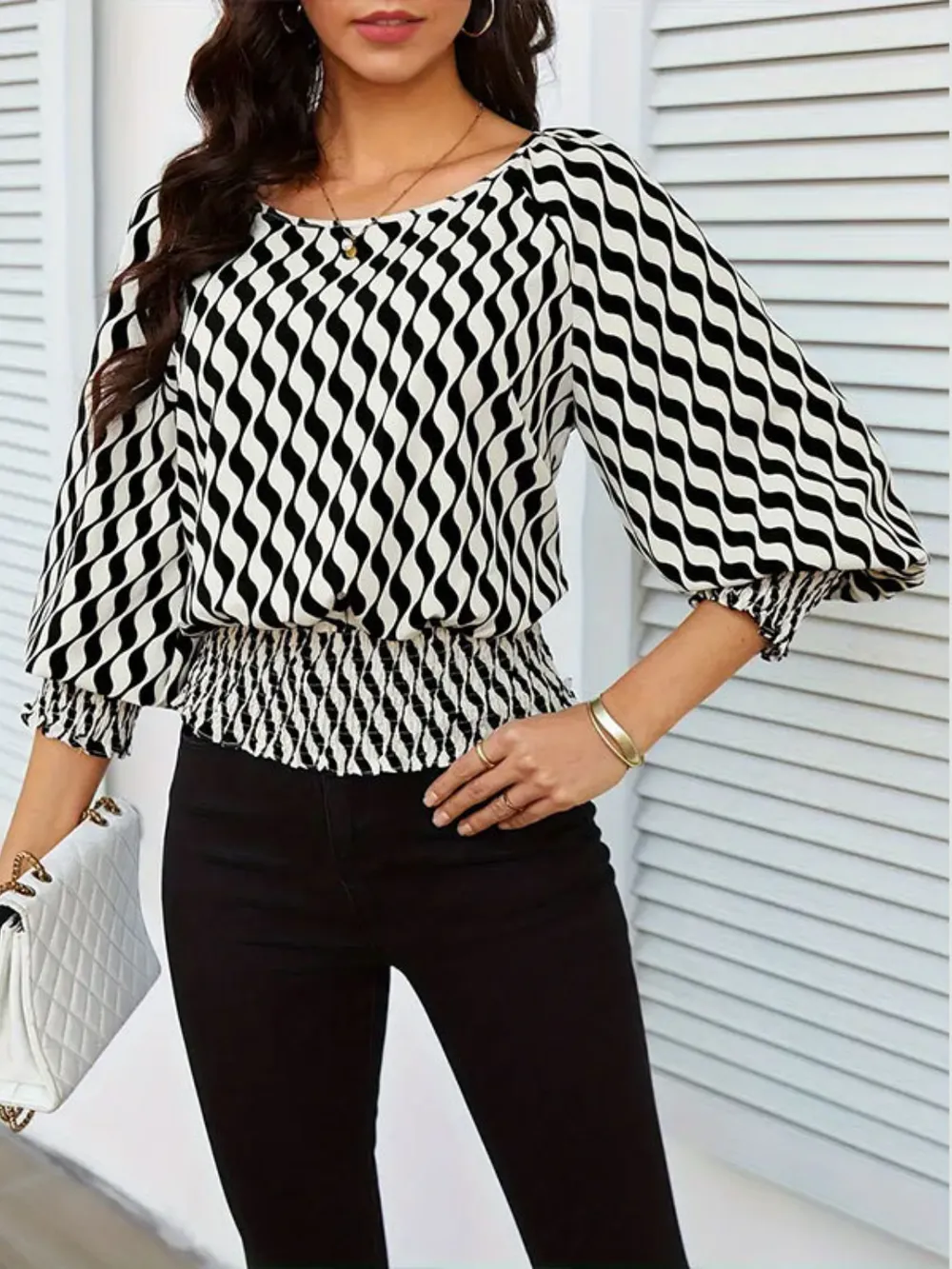 Geometric Print Lantern Sleeve Smocked Waist Blouse, image 2
