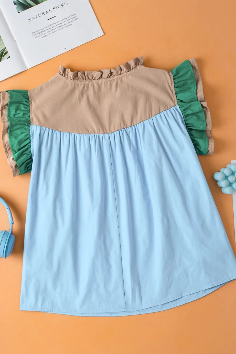 Color Block Notched Ruffled Cap Sleeve Blouse, image 14