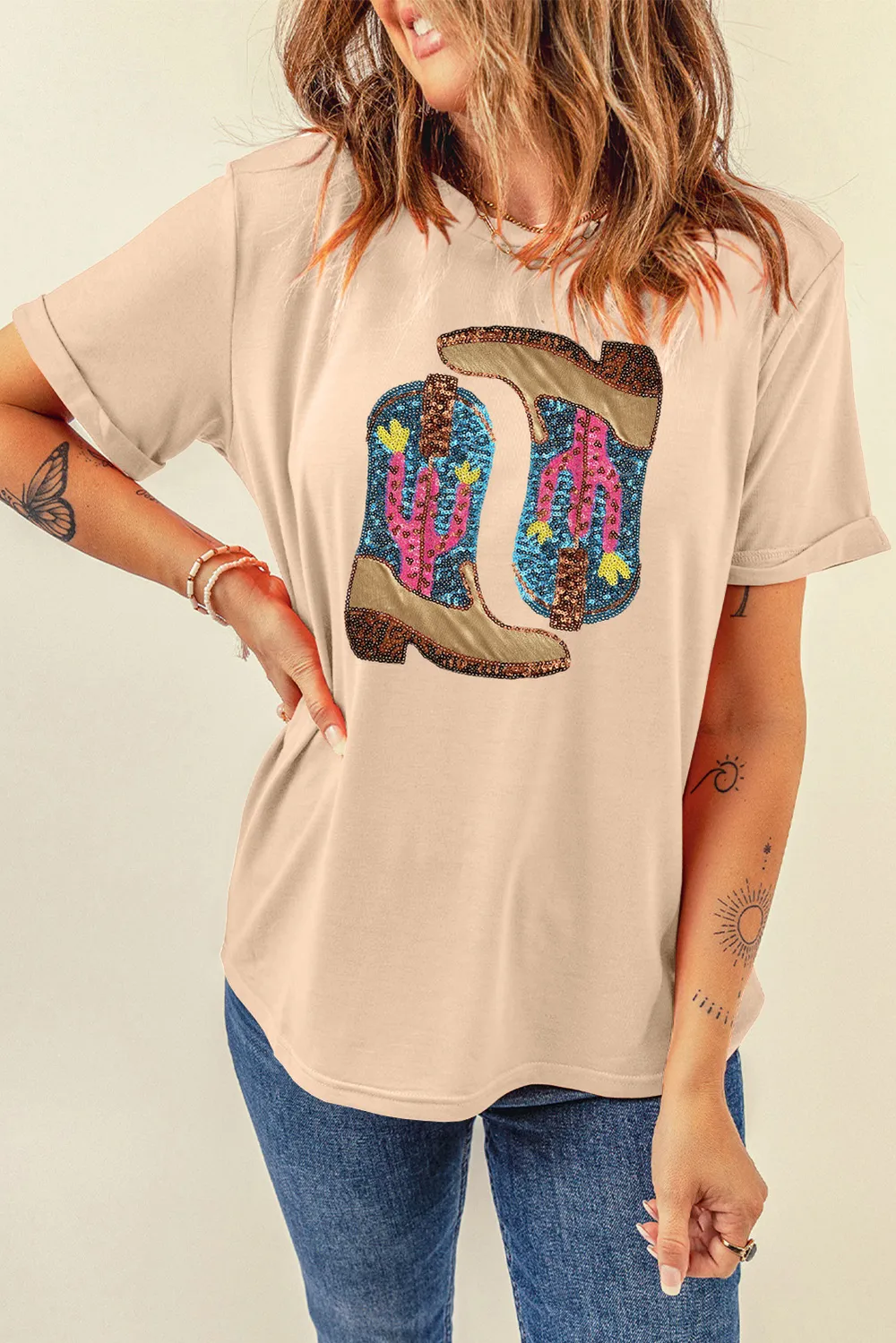 Sequin Round Neck Short Sleeve T-Shirt, image 6