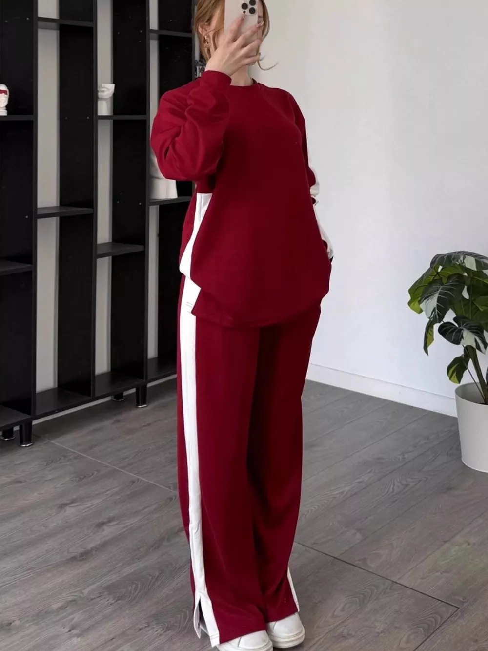 Full Size Contrast Round Neck Top and Pants Set Plus Size, image 6