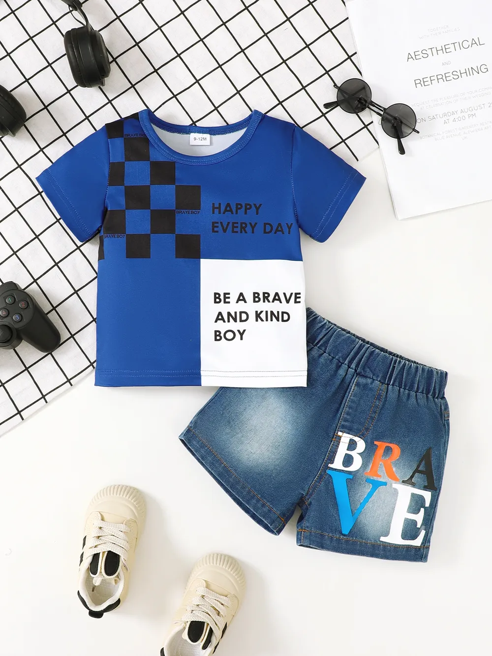 Children's Letter Round Neck Top and Denim Shorts Set, image 3