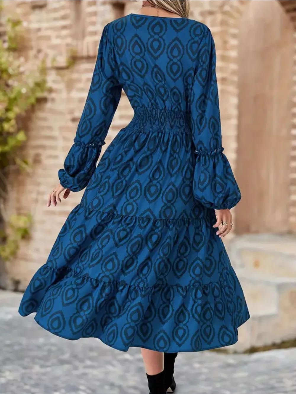 Smocked Round Neck Balloon Sleeve Midi Dress, image 6