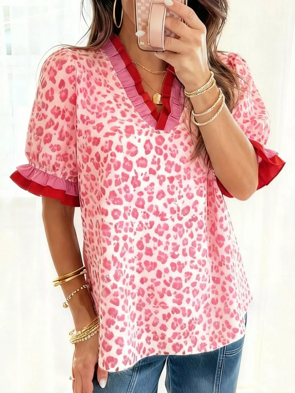 Leopard Print Frill Short Sleeve Blouse, image 6
