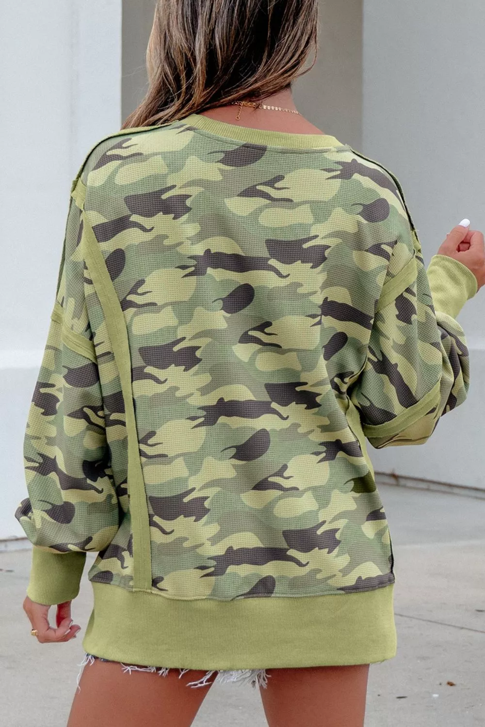 Camouflage Waffle Knit Raw Edge Contrast Trim Oversized Long Sleeve Top, image 5
