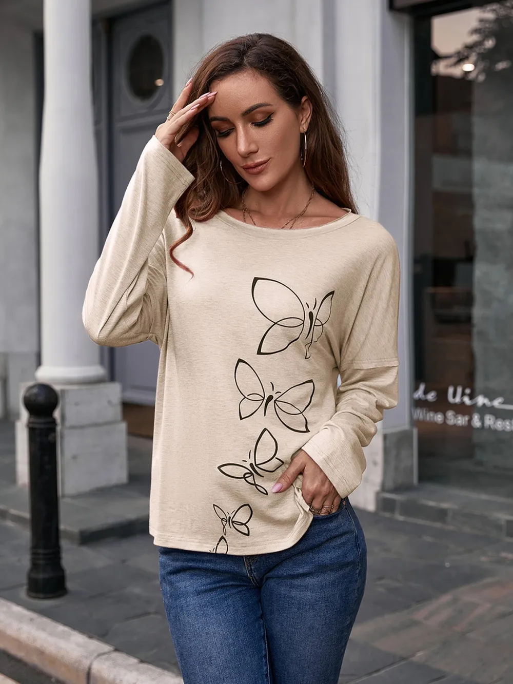 Butterfly Round Neck Dropped Shoulder Blouse, image 7
