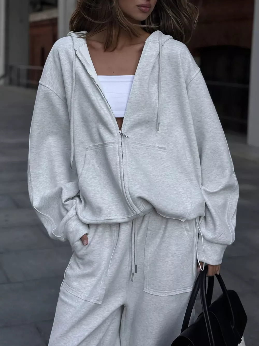 Oversized Zip-Up Hoodie and Wide-Leg Pants Set, image 2