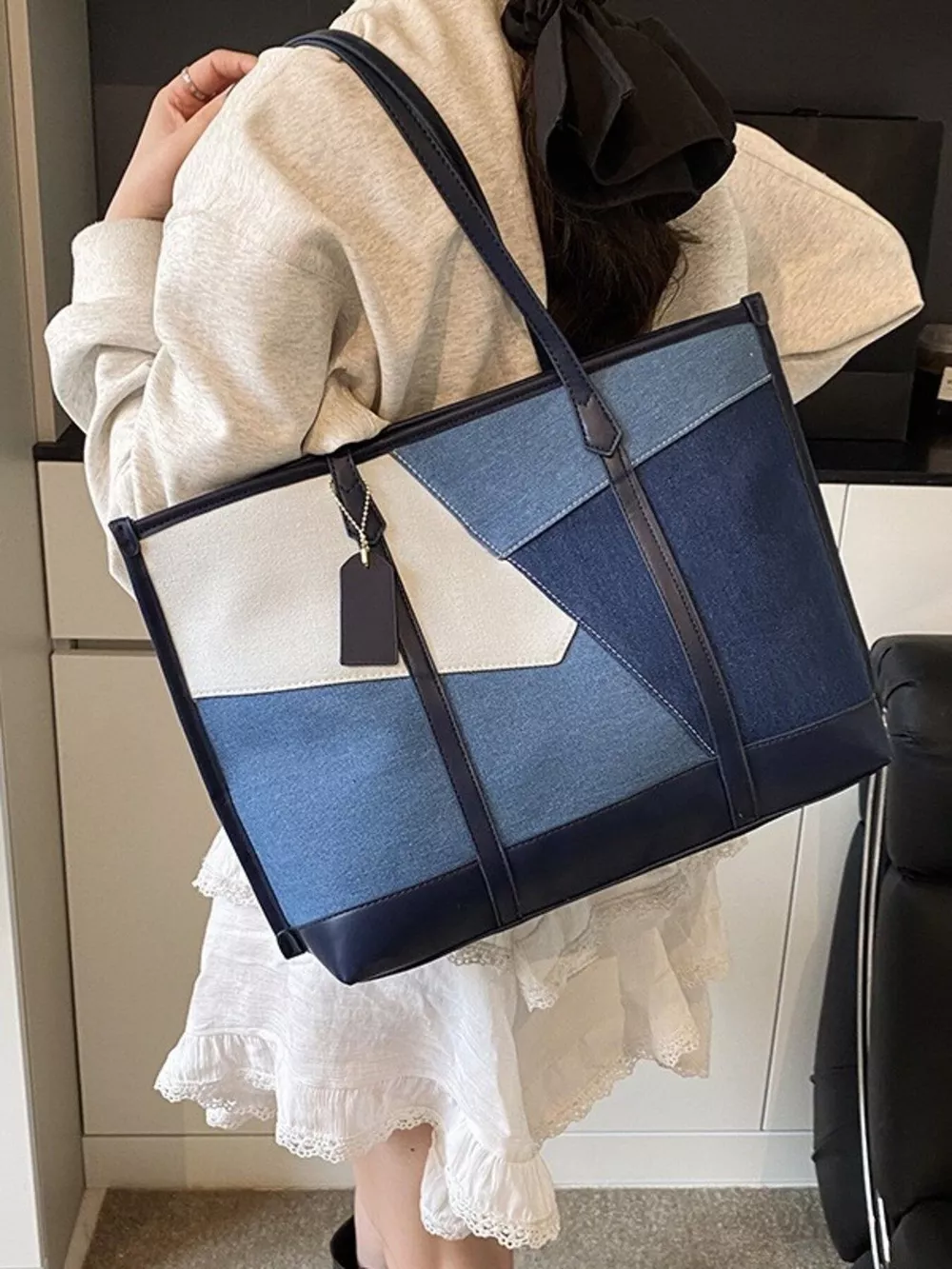Color Block Denim Shoulder Bag, image 7