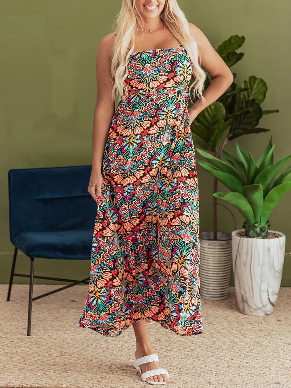 Floral Print Thin Straps High Waist Maxi Dress, image 3