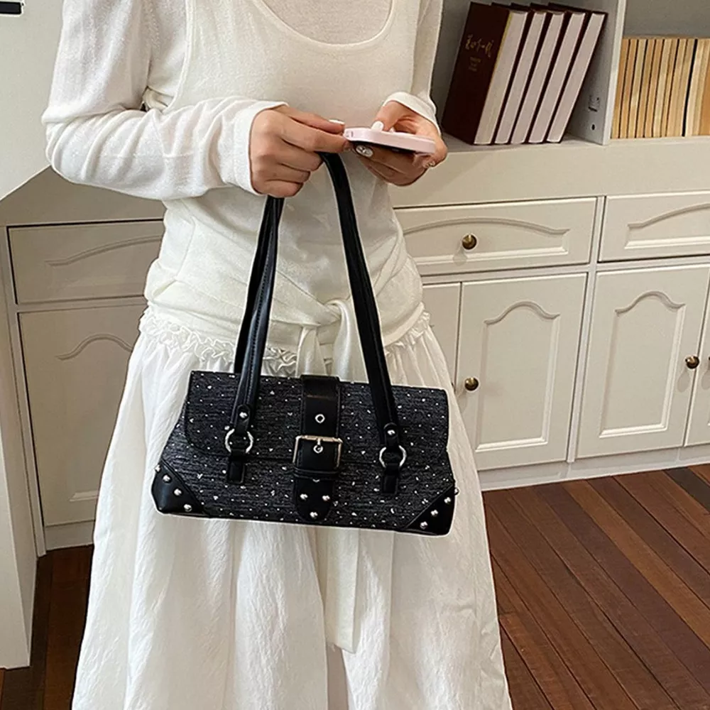 Studded Shoulder Bag with Buckle Detail, image 3
