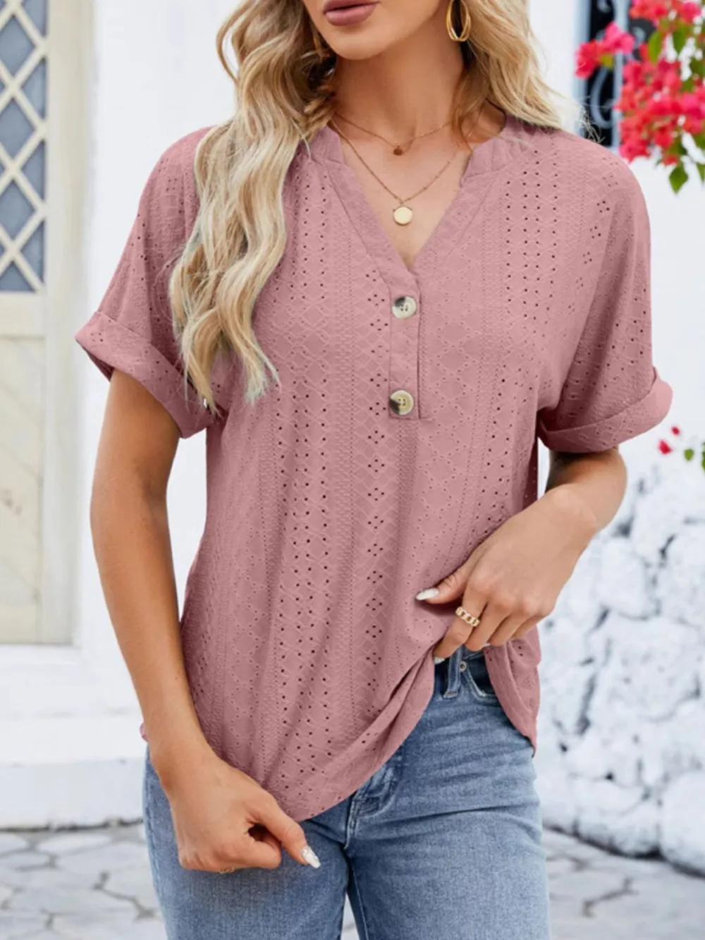 Eyelet Notched Short Sleeve Blouse, image 22