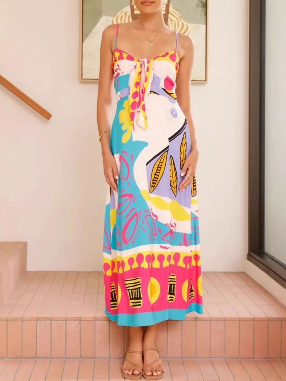 Tied Front Printed Slit Maxi Cami Dress, image 9