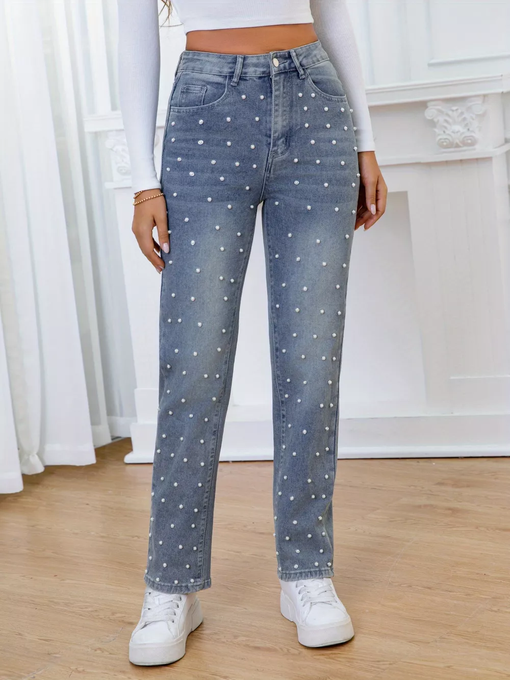 Pearl Embellished High Waist Straight Jeans, image 4