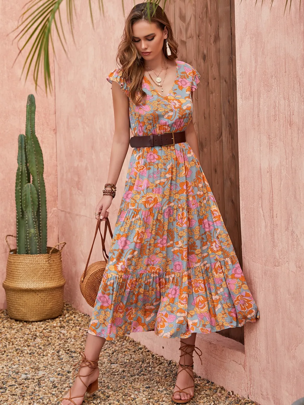 Ruffled Printed V-Neck Cap Sleeve Tiered Dress, image 4