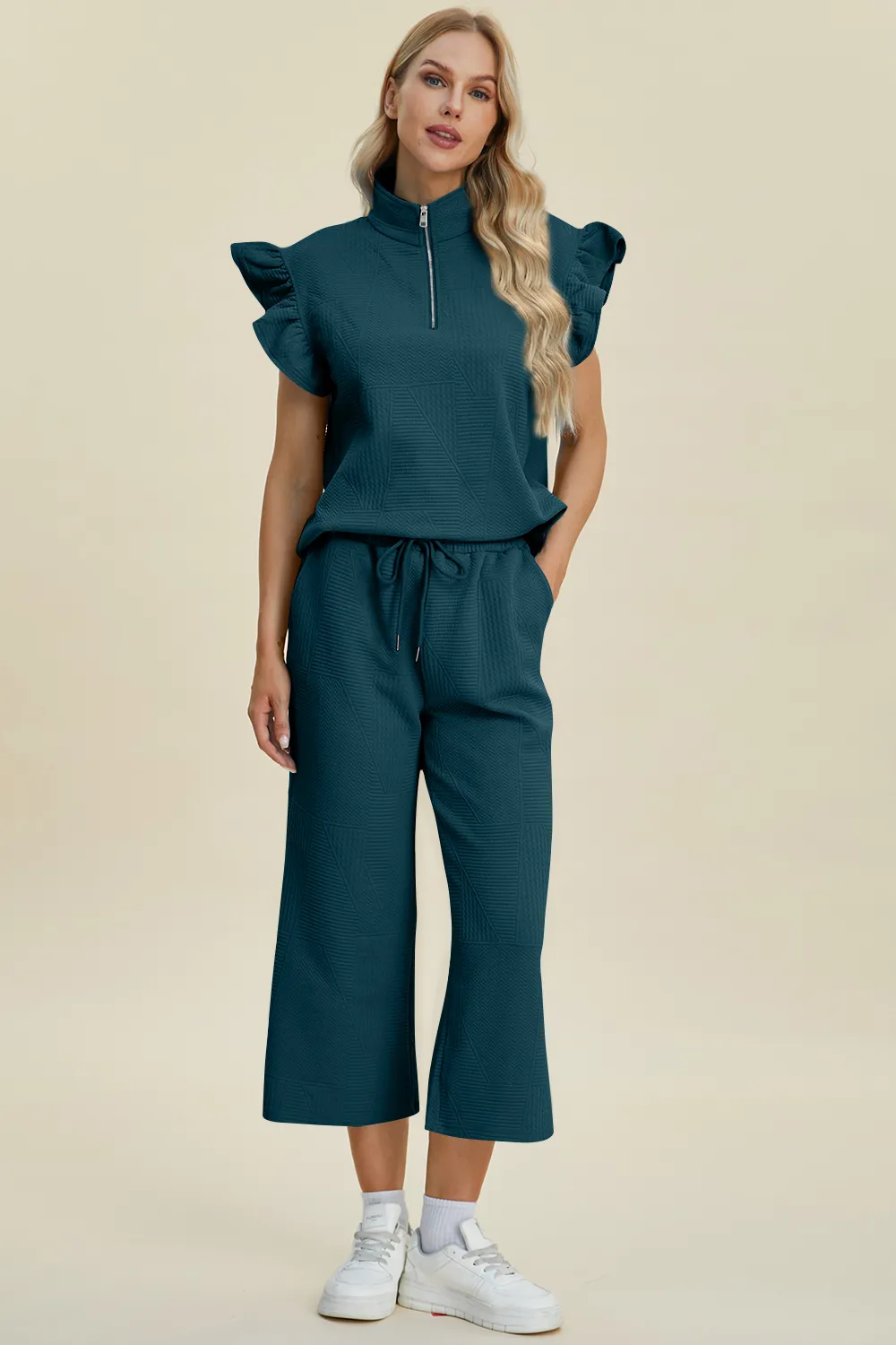 Full Size Texture Ruffle Short Sleeve Top and Wide Leg Pants Set, image 29