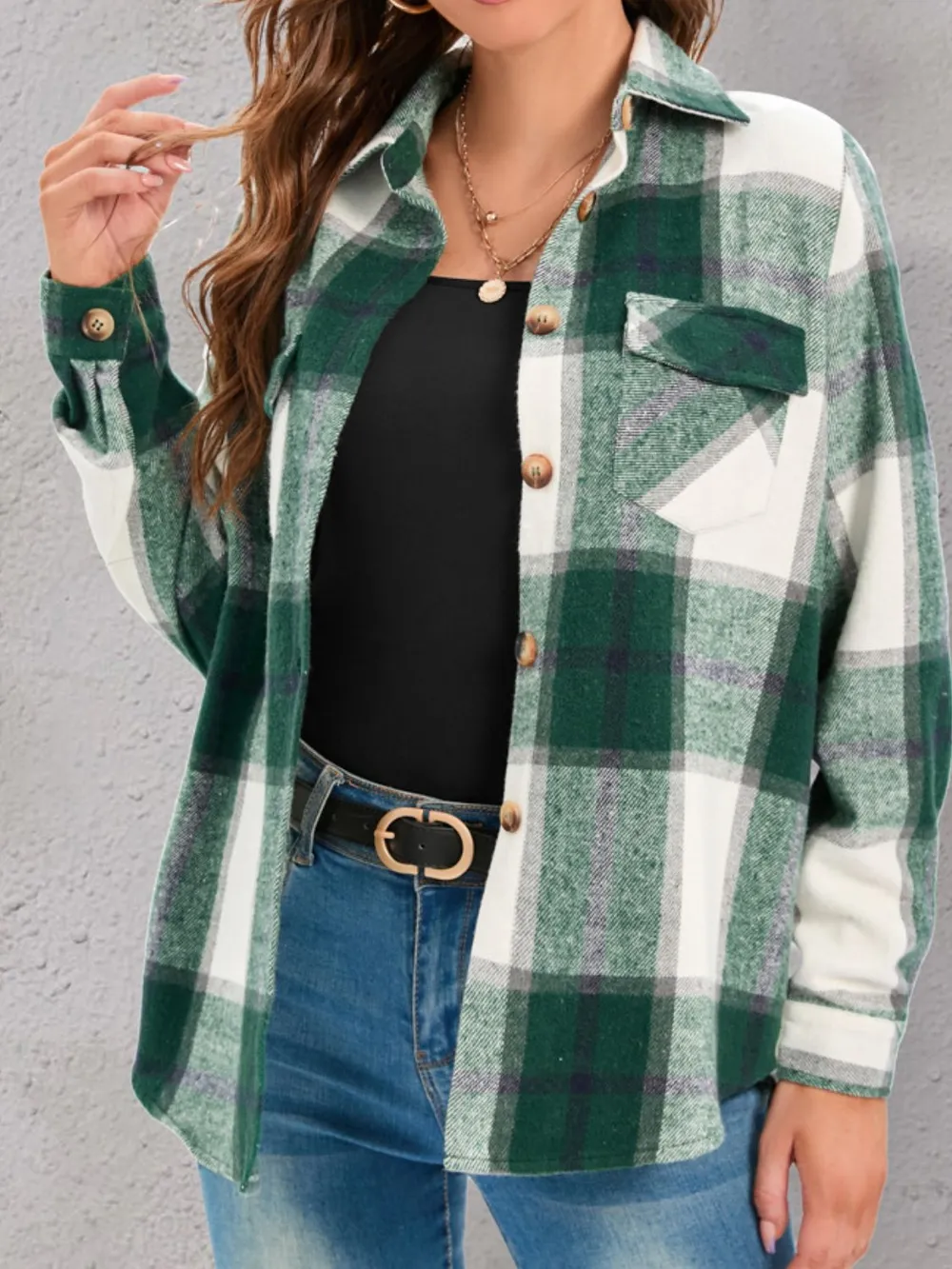 Full Size Pocketed Plaid Collared Neck Shacket, image 10