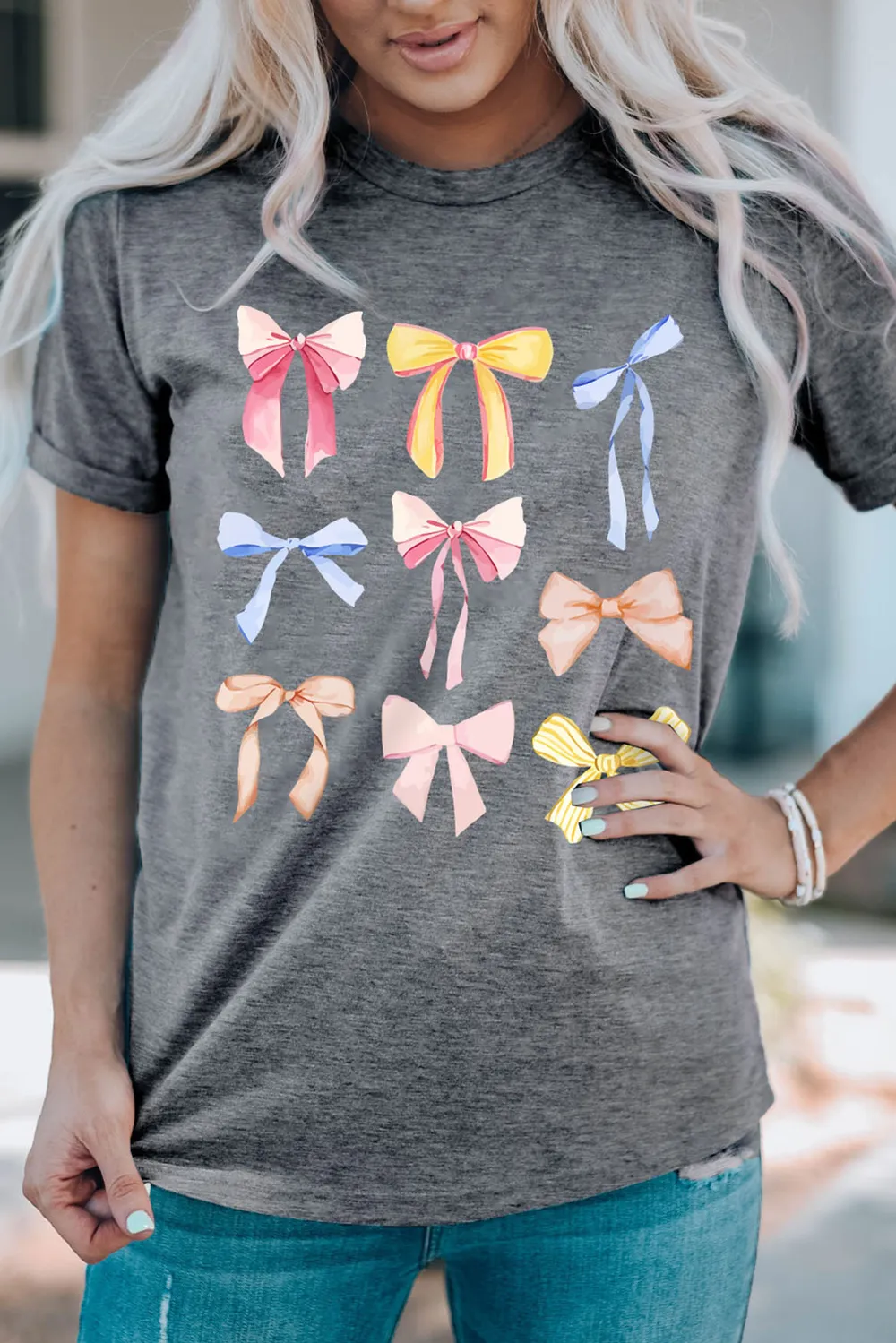 Bow Graphic Round Neck Short Sleeve T-Shirt, image 3
