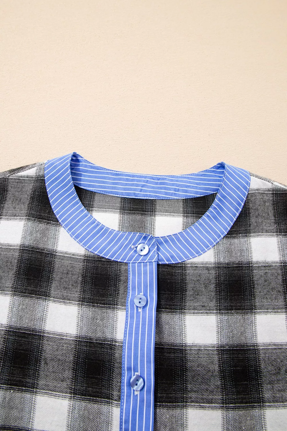 Contrast Striped Edge Half Placket Plaid Blouse, image 8