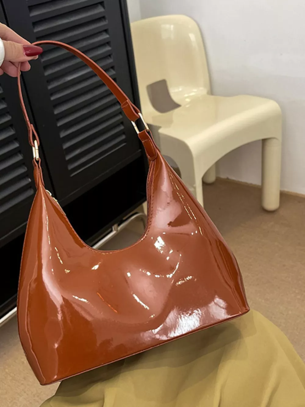 Solid Color Leather Shoulder Bag, image 6