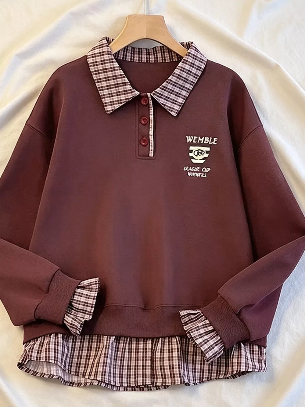 Plaid Collared Faux-Layered Hem Sweatshirt, image 3