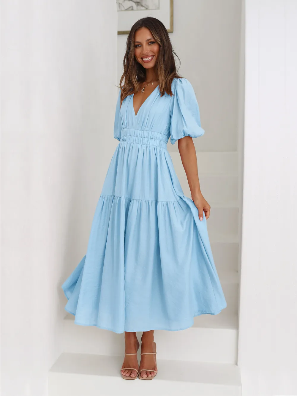 Surplice Half Puff Sleeve Midi Dress, image 13