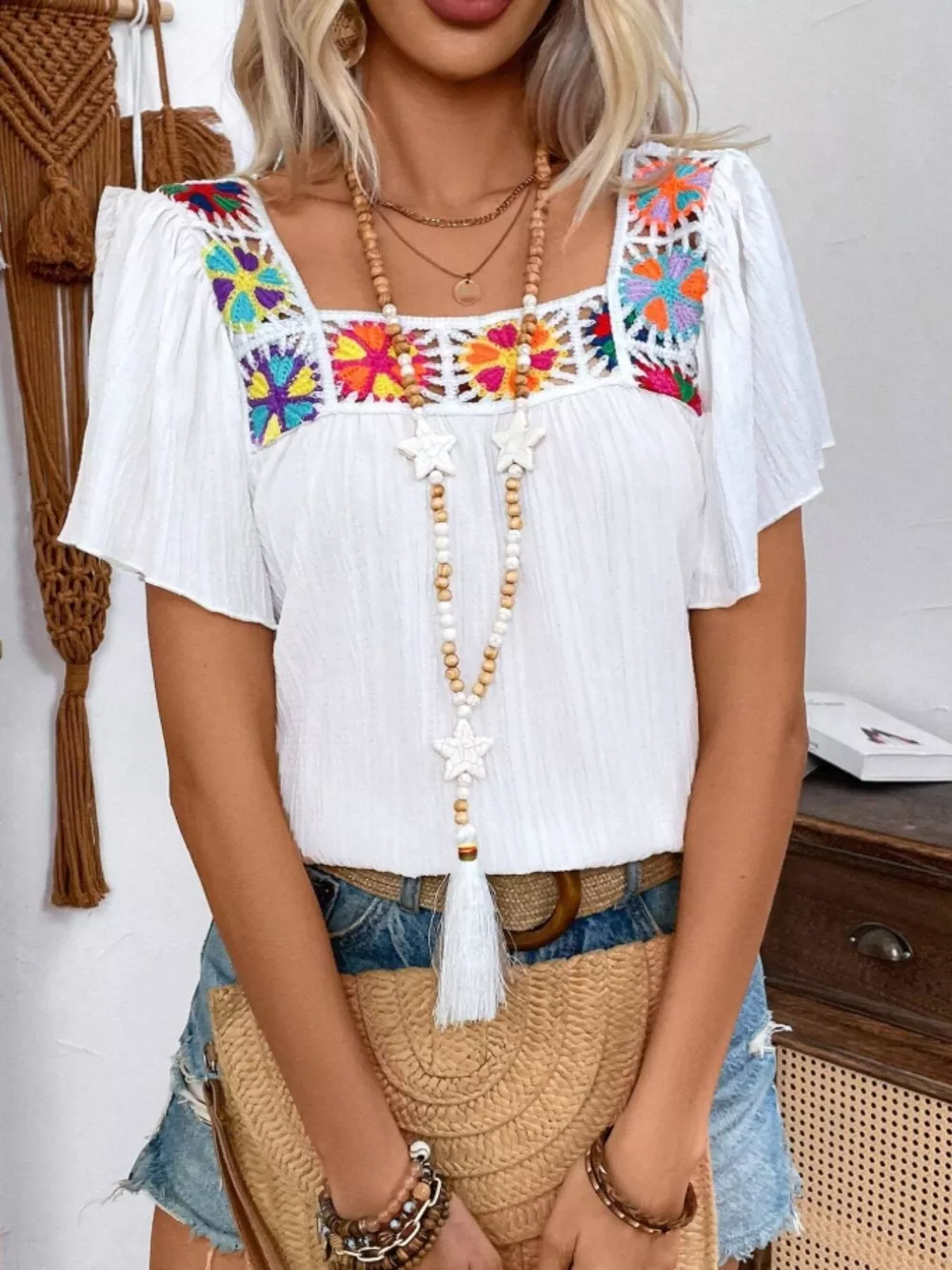 Embroidered Square Neck Flutter Sleeve Blouse, image 15