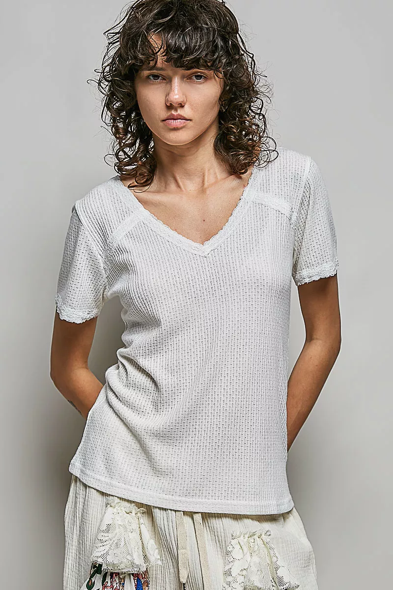 Lace Detail V-Neck Short Sleeve Textured T-Shirt, image 6