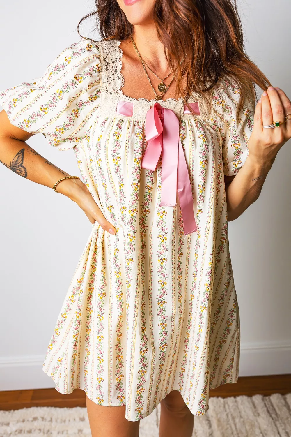 Multicolour Floral Print Contrast Ribbon Bow Lace Trim Square Neck Mini Dress, image 4
