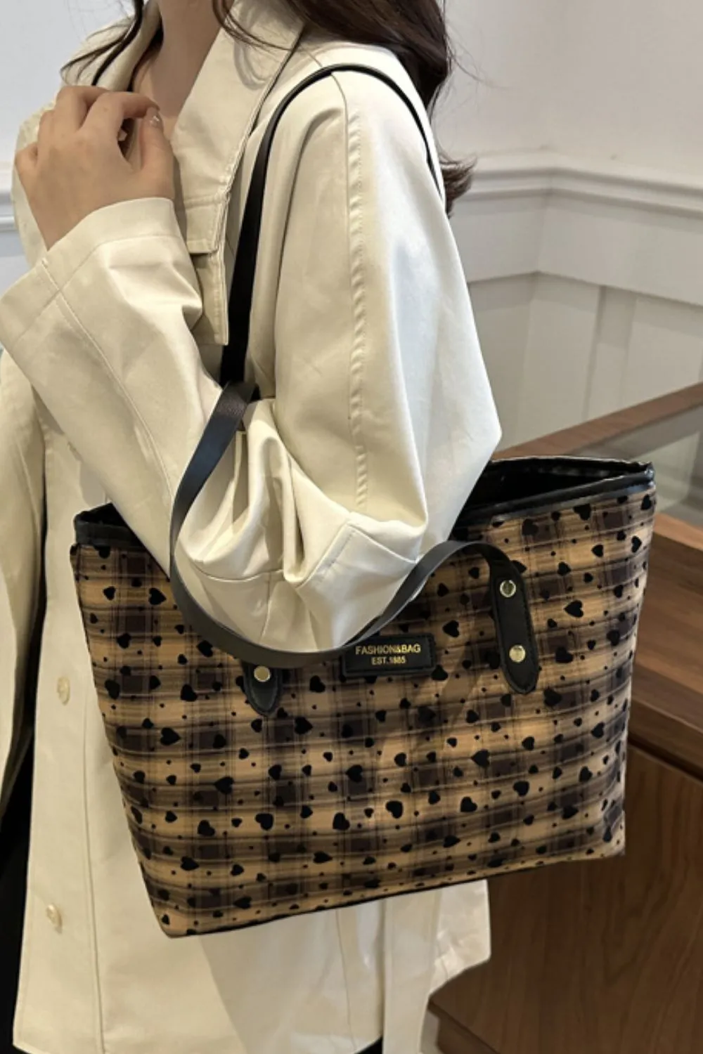 Heart Plaid PU Leather Strap Tote Bag, image 3