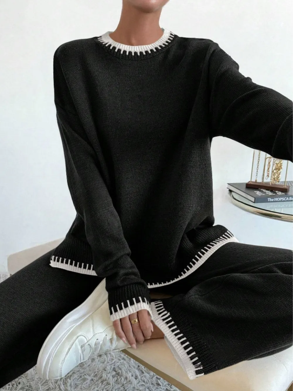 Side Slit Contrast Trim Round Neck Top and Pants Sweater Set, image 6
