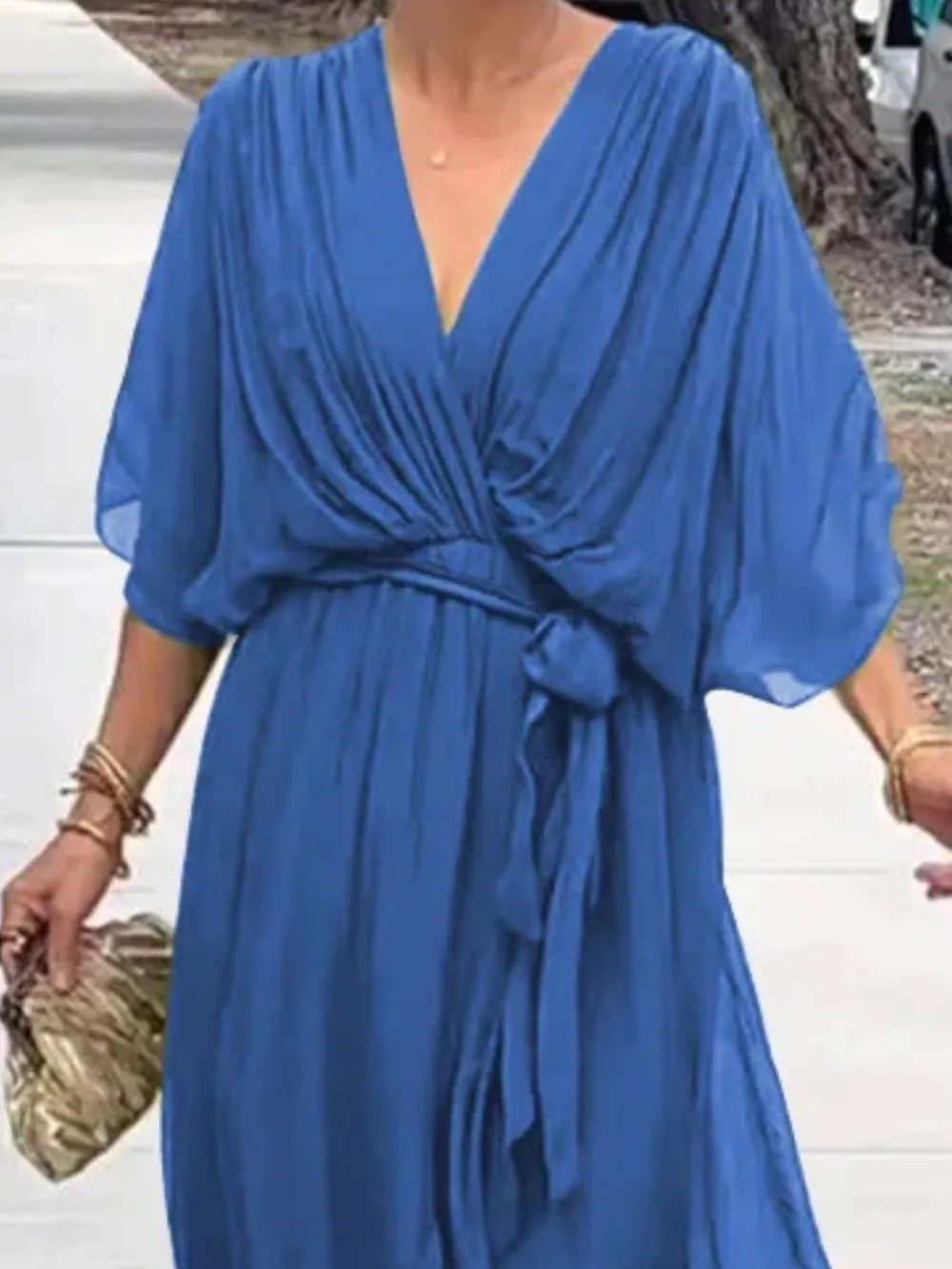 Full Size Flowy Tie Front Midi Dress with Flutter Sleeves Plus Size, image 12