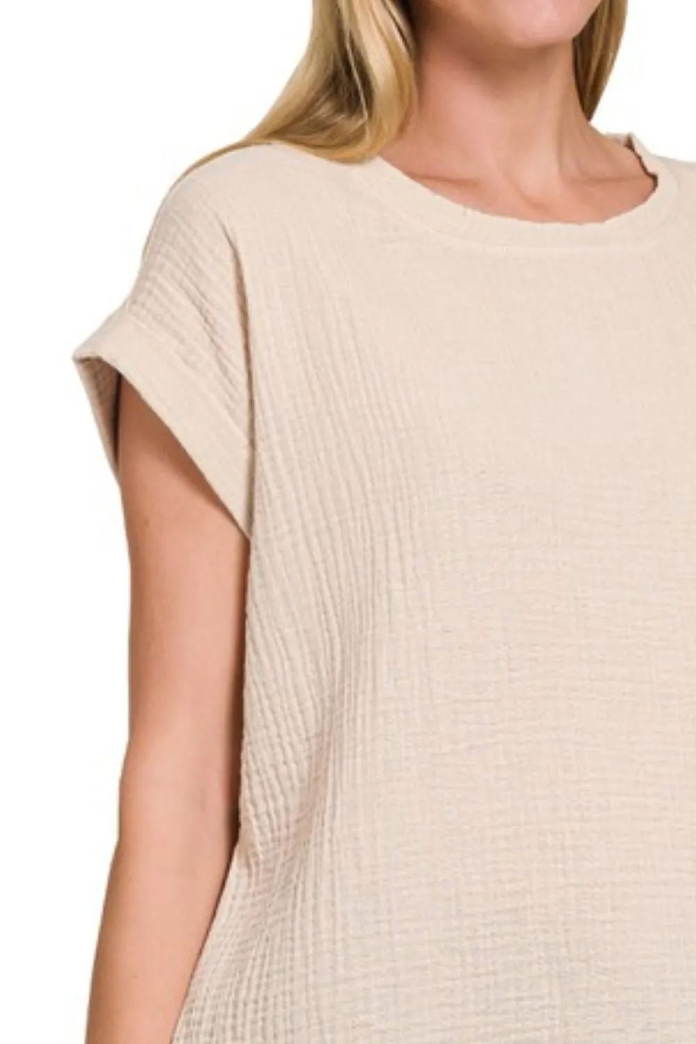 Double Gauze Round Neck Folded Short Sleeve Top, image 3
