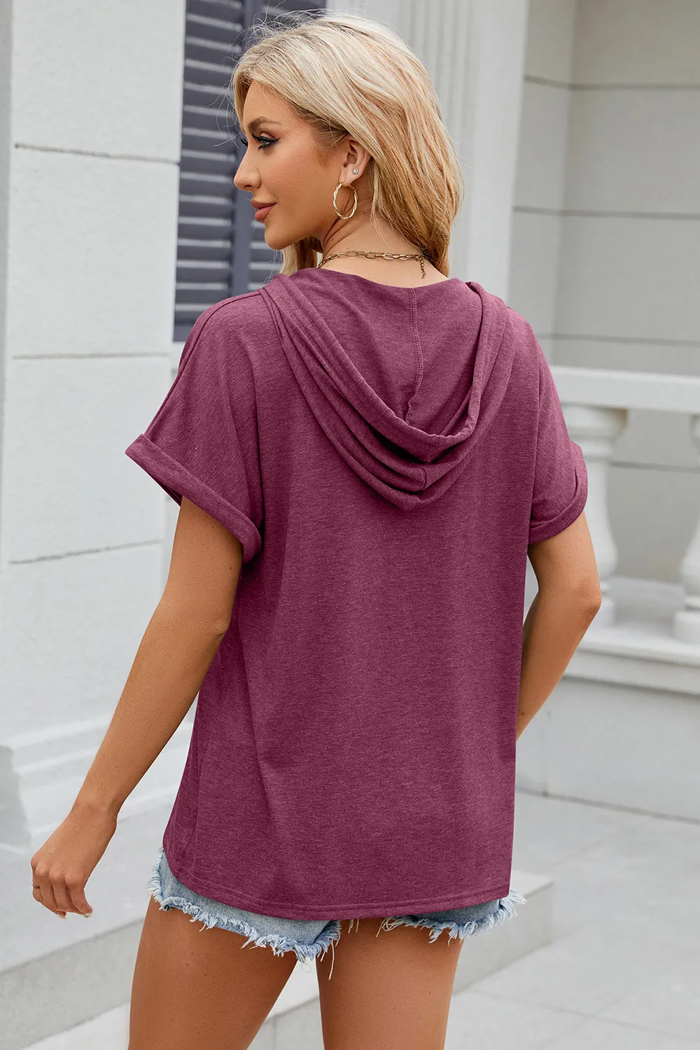 Half Button Drawstring Short Sleeve Hooded T-Shirt, image 24