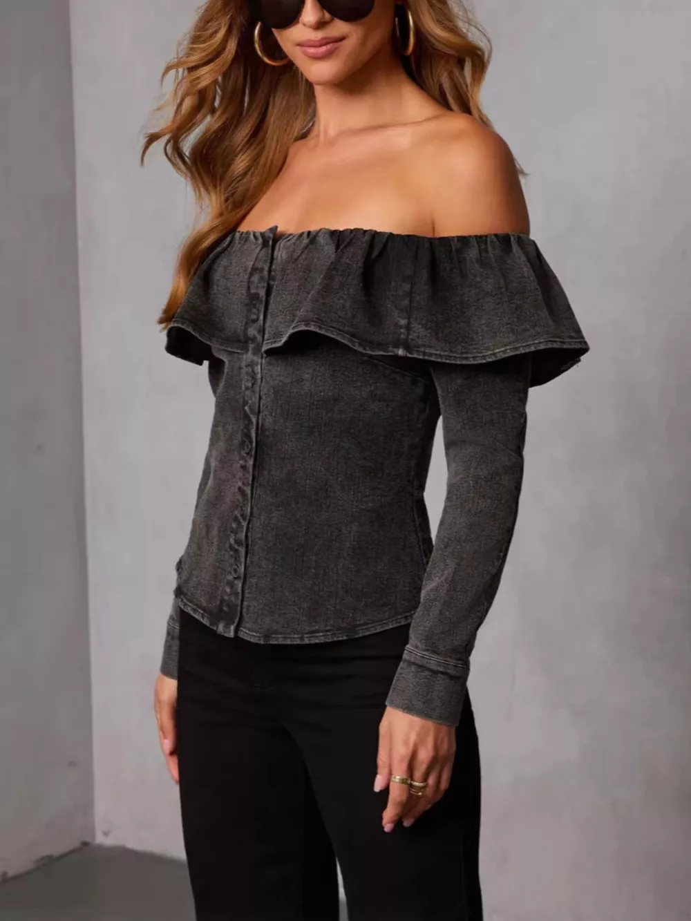 Off-Shoulder Ruffled Denim Top, image 4