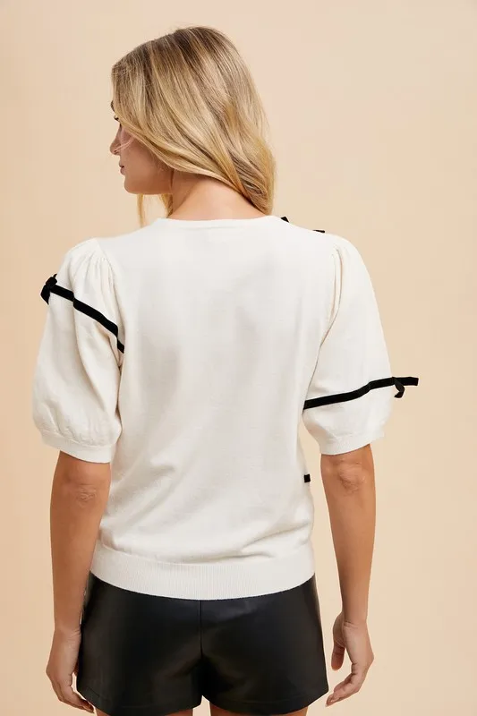 Striped Bow Round Neck Knit Top, image 3