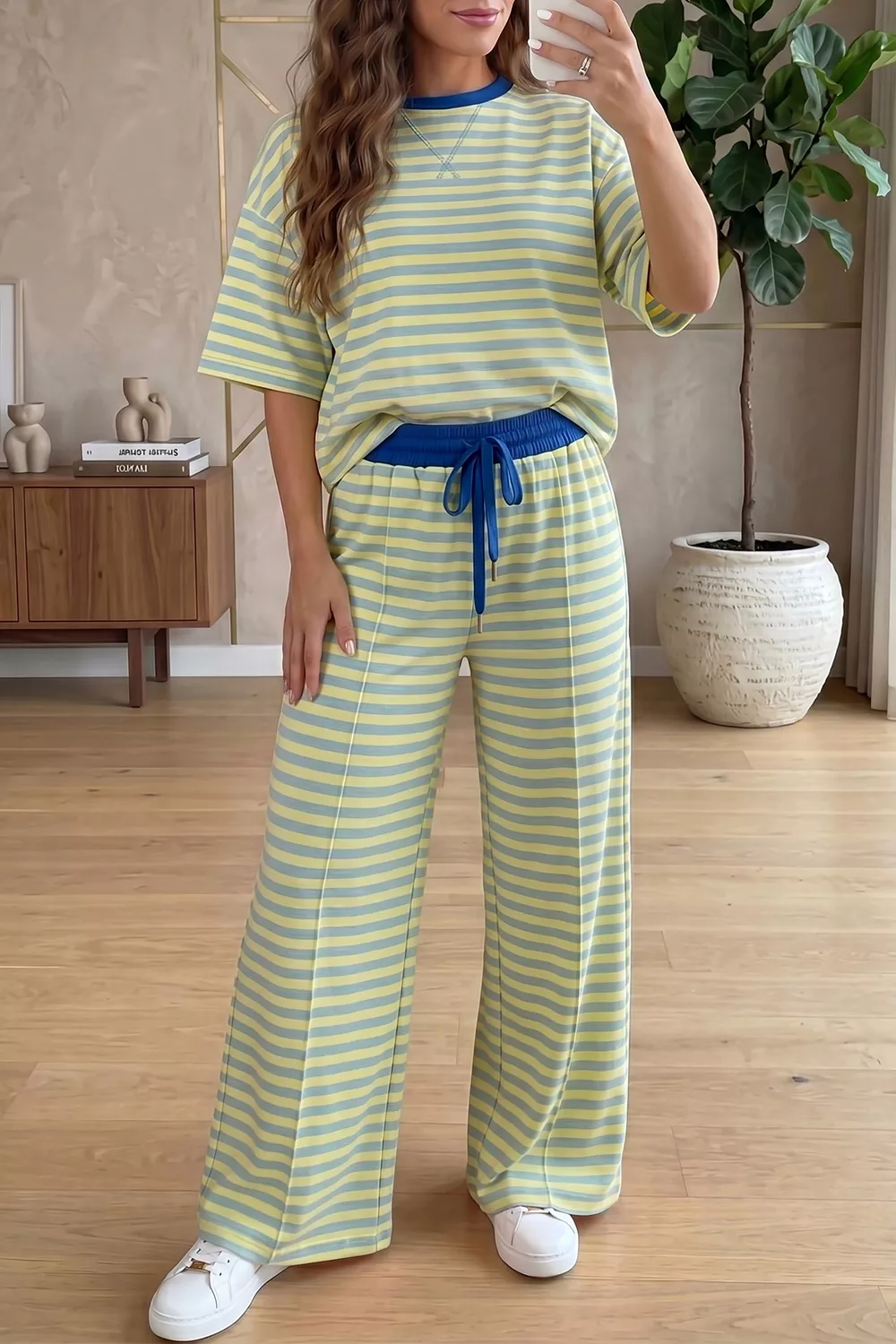 Stripe Colorblock Trim Crew Neck Loose Tee Drawstring Elastic Waist 2pcs Pant Set