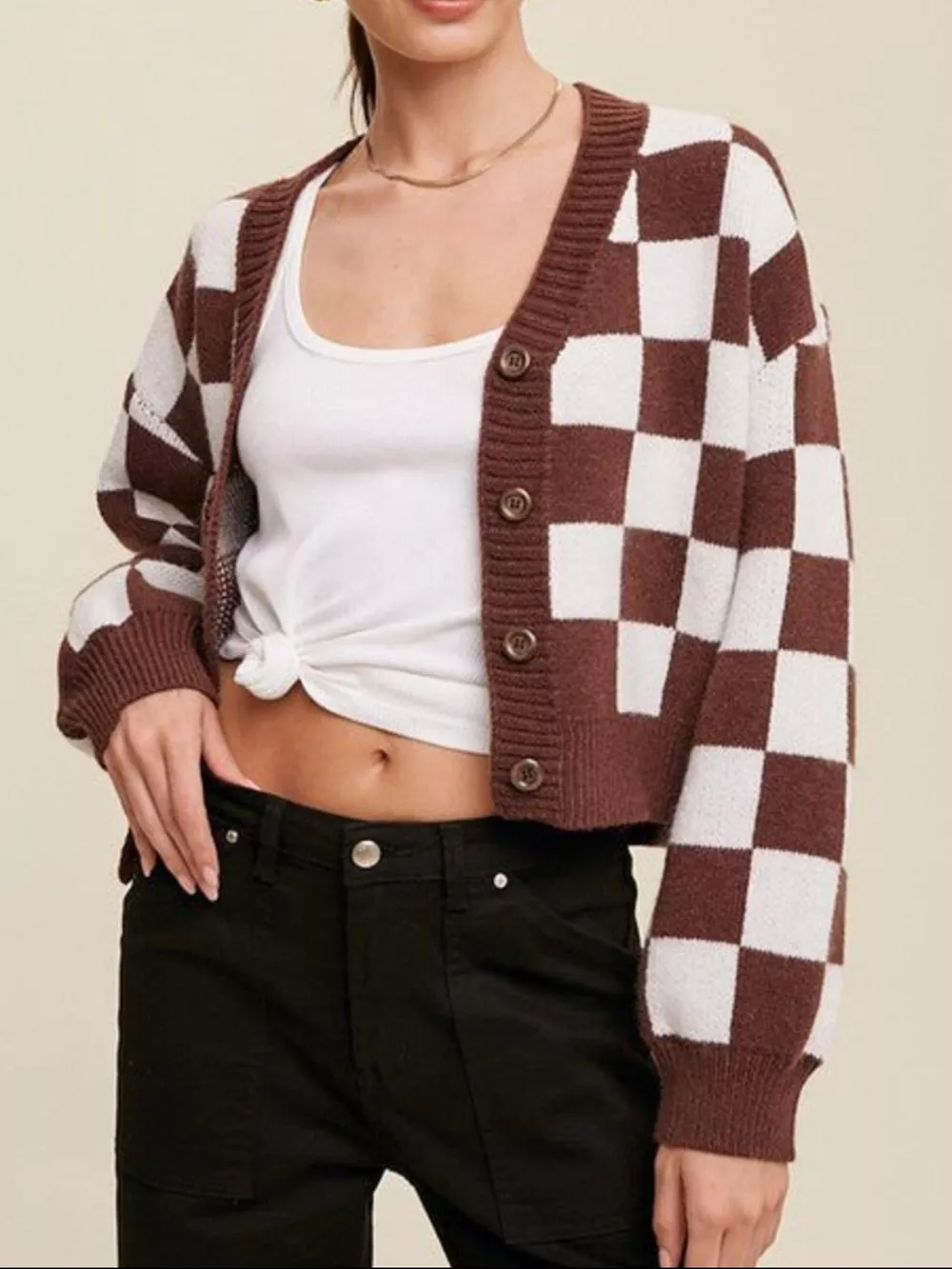 Checkerboard Pattern Button-Down Cardigan
