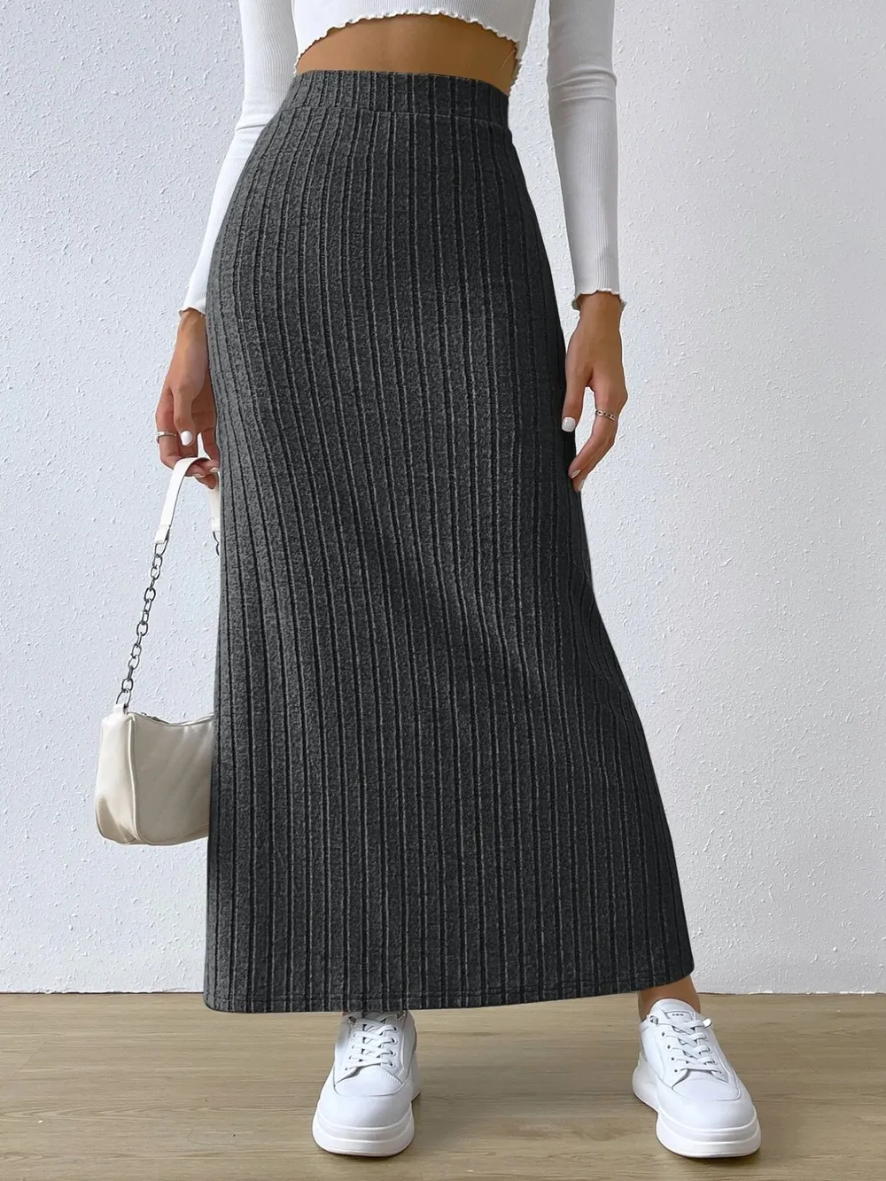 High Waist Ribbed Knit Maxi Skirt, image 14