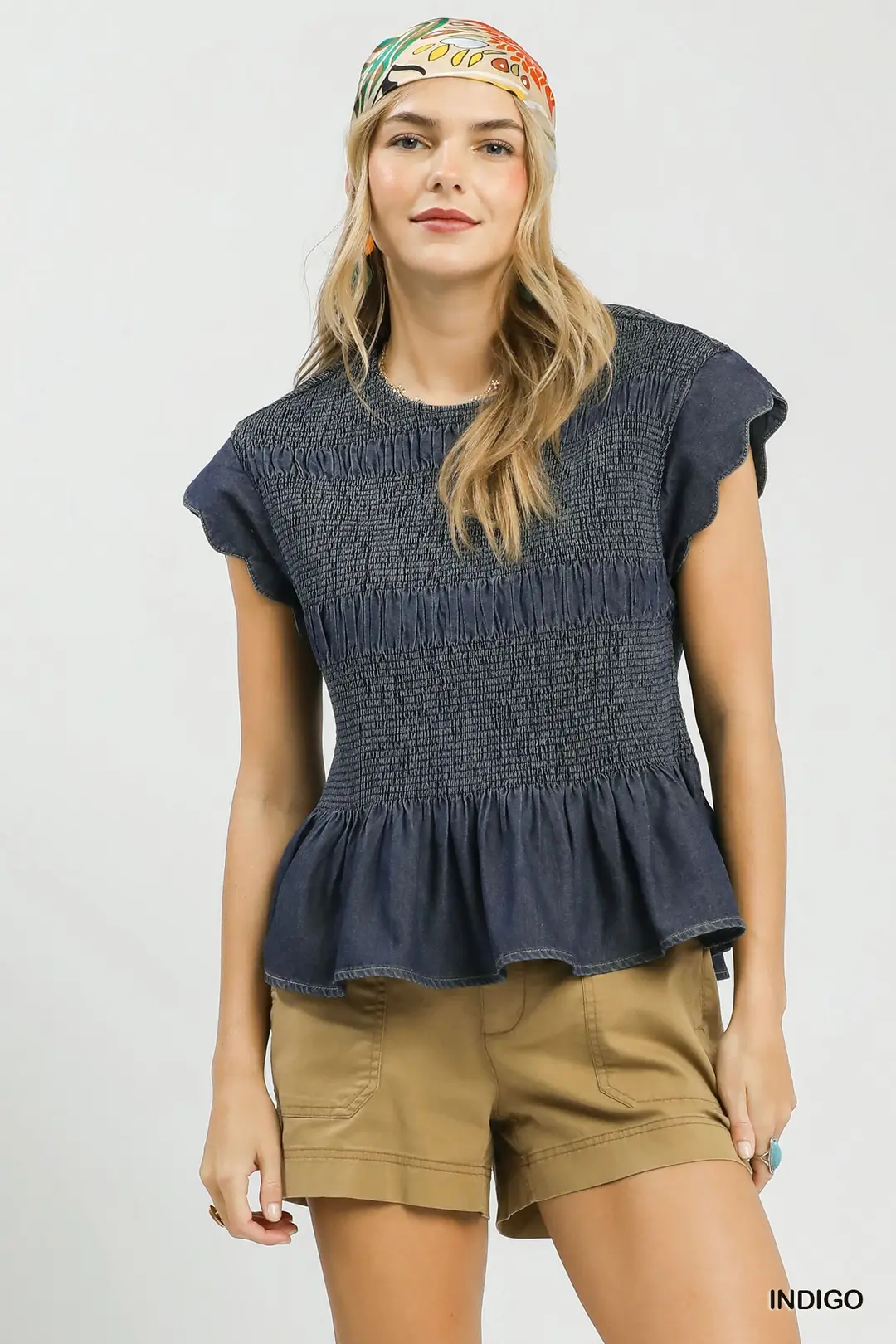 Smocked Peplum Top with Scalloped Ruffle Cap Sleeves