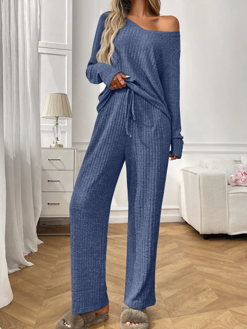 Ribbed Long Sleeve Top and Pants Lounge Set, image 3
