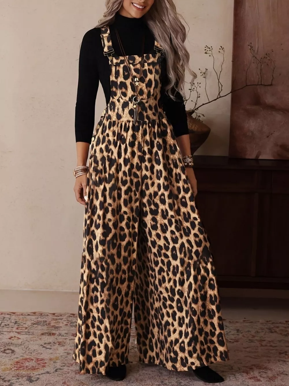 Leopard Print Wide Leg Overalls, image 4