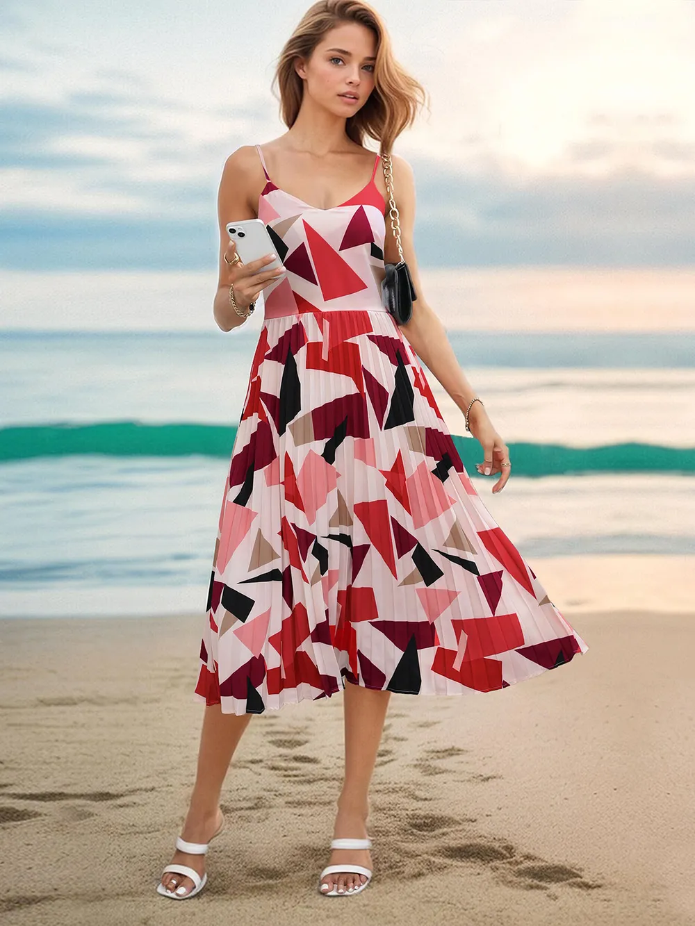 Pleated Geometric Spaghetti Strap Dress, image 5
