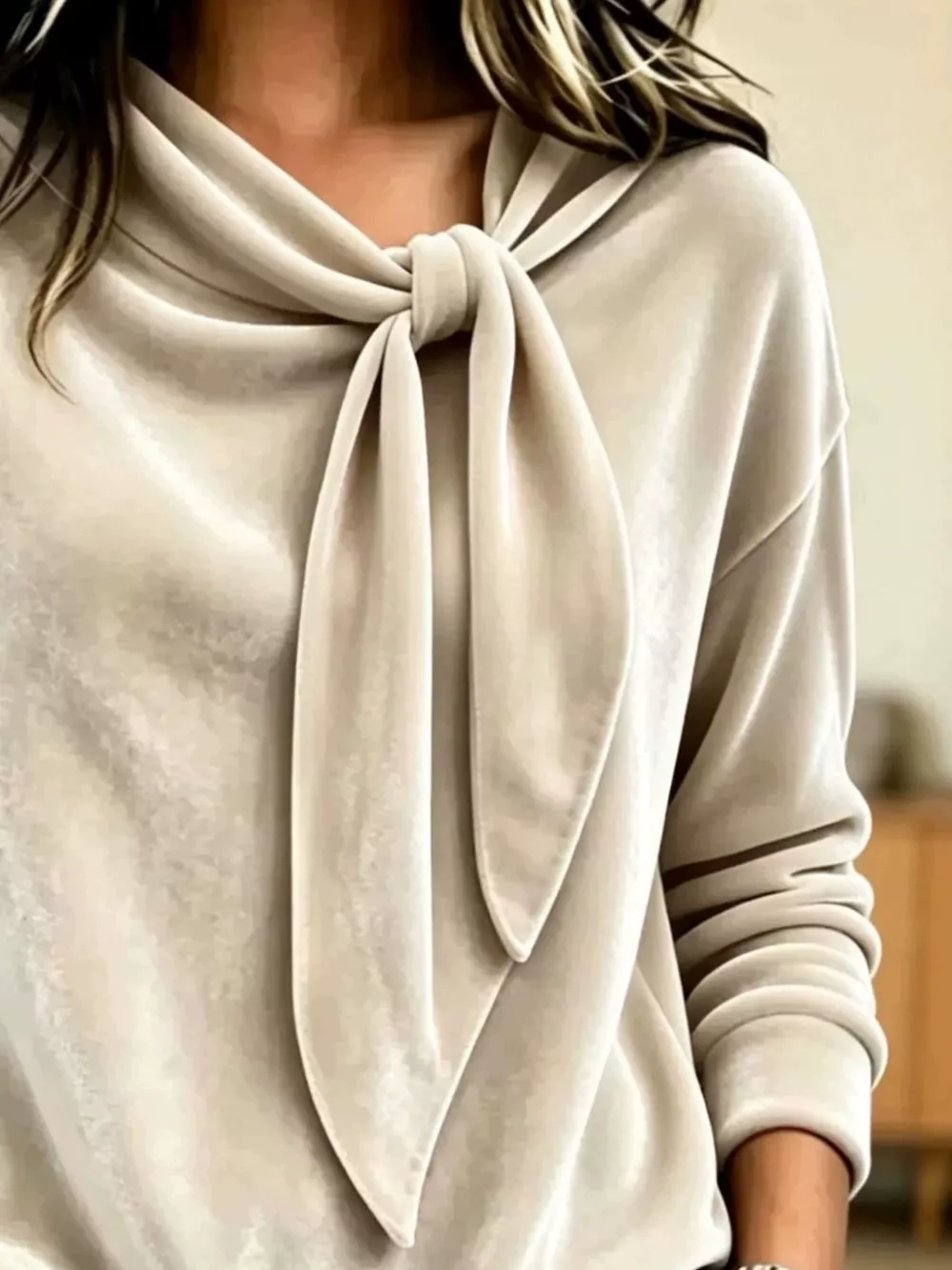 Velvet Tie-Neck Long Sleeve Sweatshirt, image 6