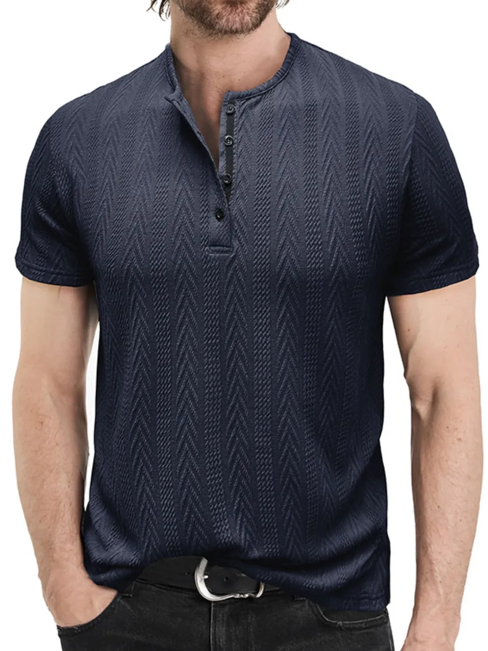 Men's Textured Chevron Pattern Henley Polo Shirt, image 7